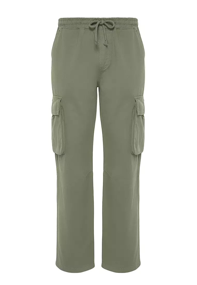 Light Khaki Unisex Regular Fit Elastic Waistband Cargo Pocket Trousers TMNSS24PL00003