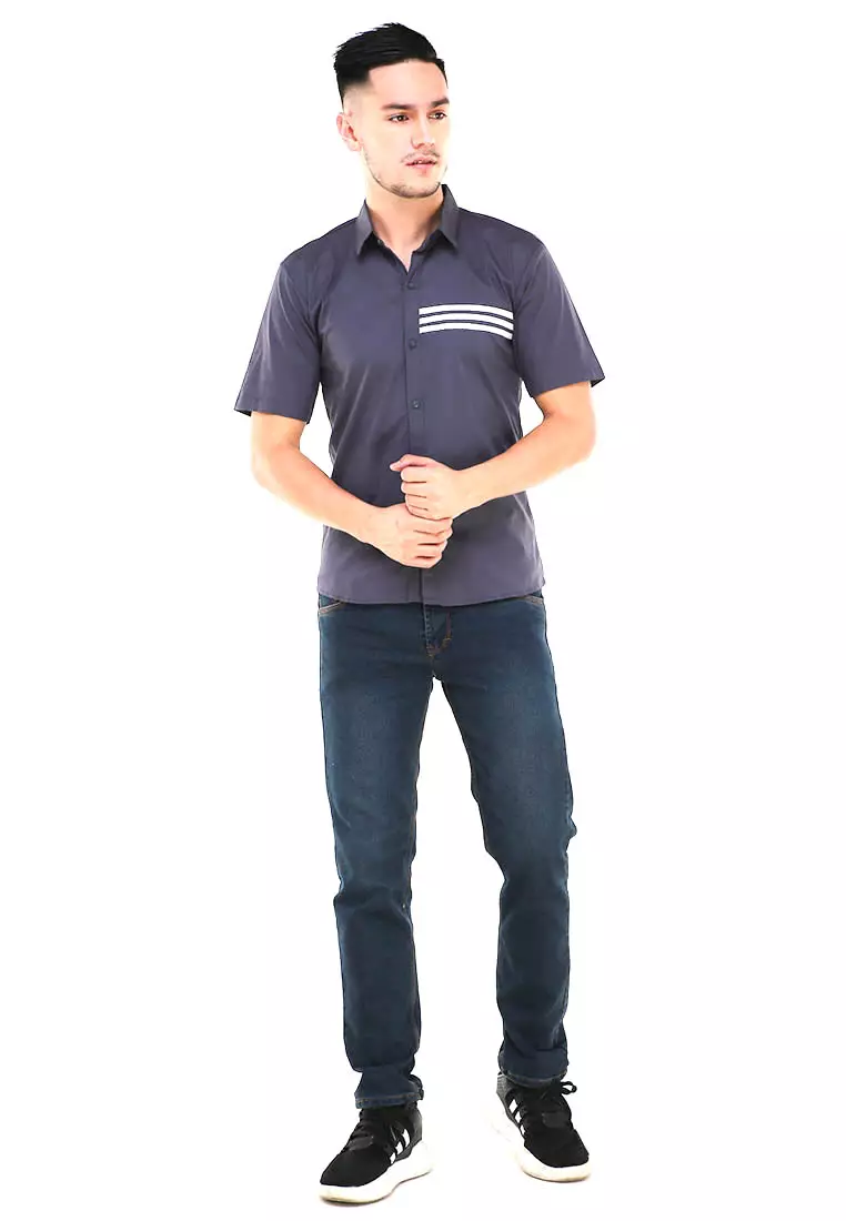 Dwan Atasan Kemeja Pria Three Lines Slim Fit Casual Shortsleeve Shirt Material Cotton ORIGINAL - Gray