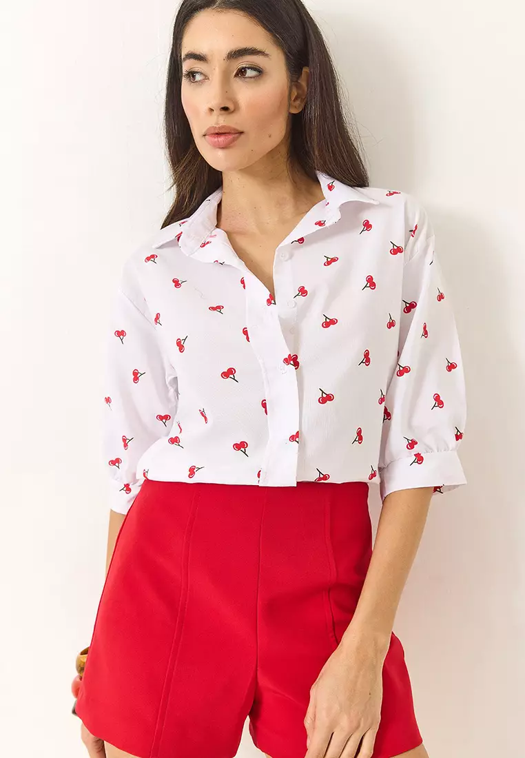 Women's Minimal Patterned Watermelon Sleeves Regular Shirt 1686 60284040