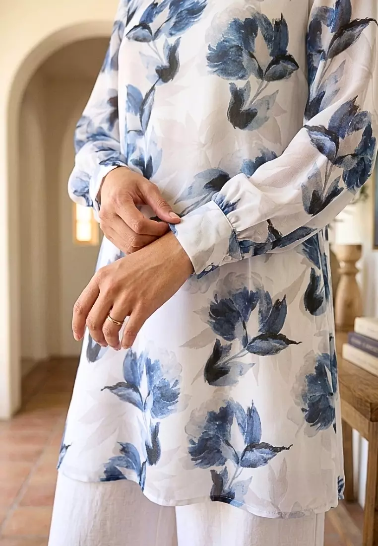 Floral Tunik Sifon With Long Sleeve In White By Brilliant girl Warna PUTIH