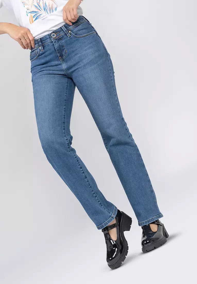 C2 Zoviel Blue Dual Push Bootcut Highwaist Jeans Wanita