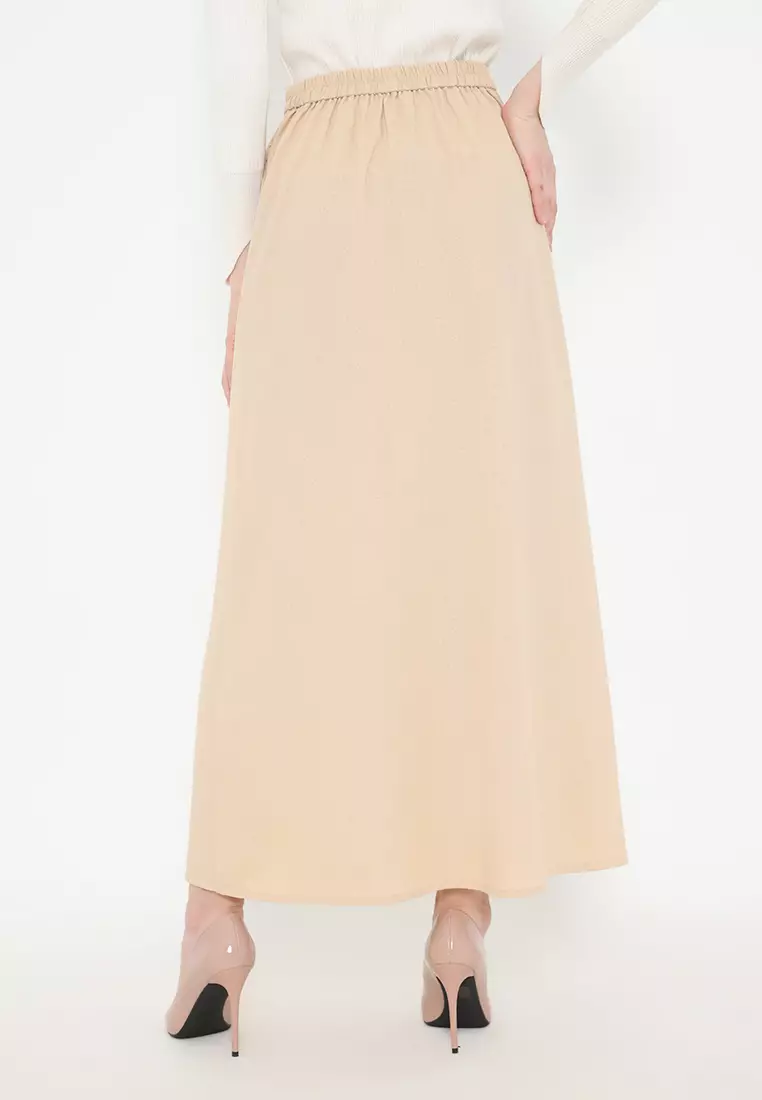 Skirt Basic A-Line Light Brown Hig Waist Linen Arlette By Brilliant Girl Warna Coklat Muda