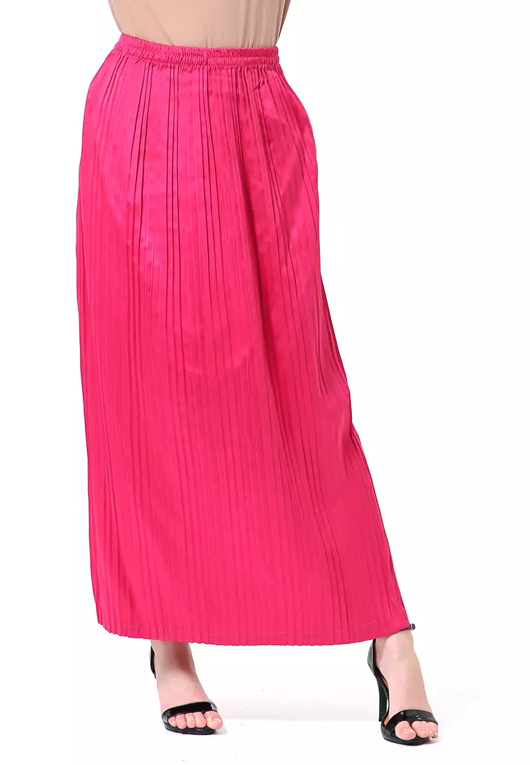 Angely Rok Plisket Rubbery Waist Fashion Wanita Simple - Pink Fanta