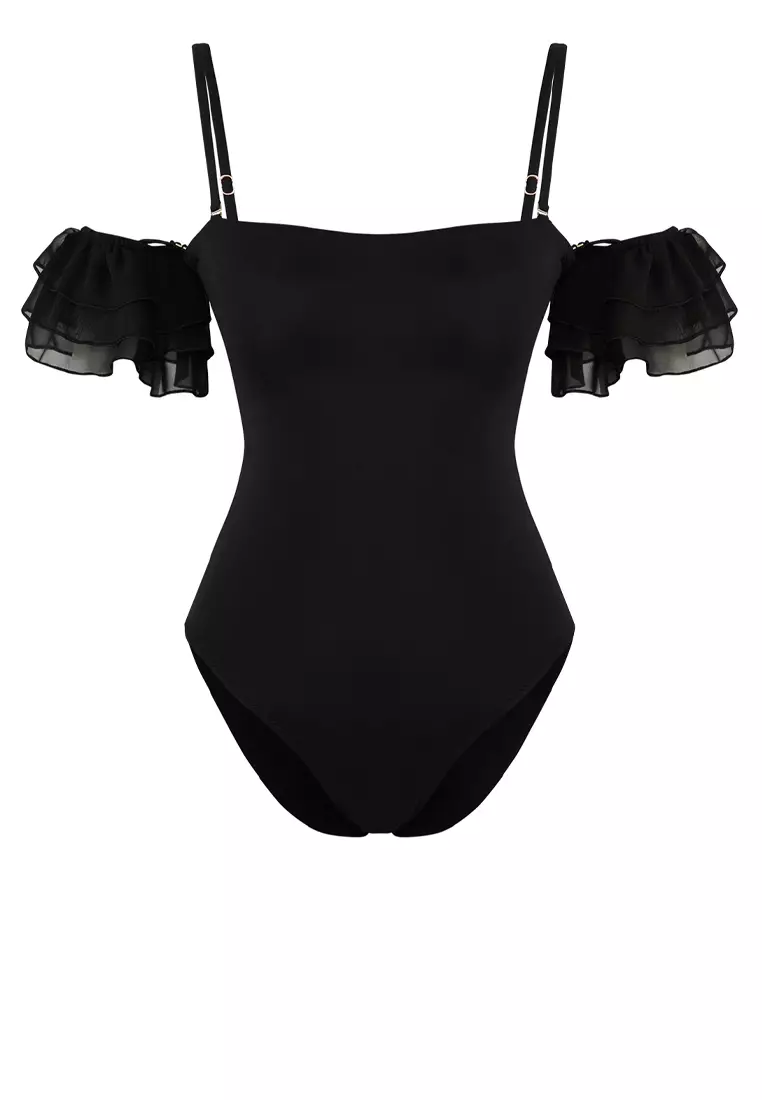 Black Strapless Ruffled Sleeveless Regular Swimsuit