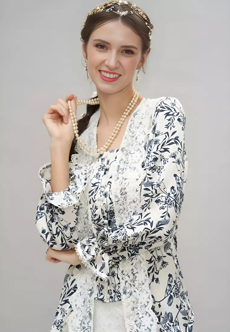 Vintage Blue Floral Lace Trimming Kebaya Top & White Lace Skirt Modern Kurung