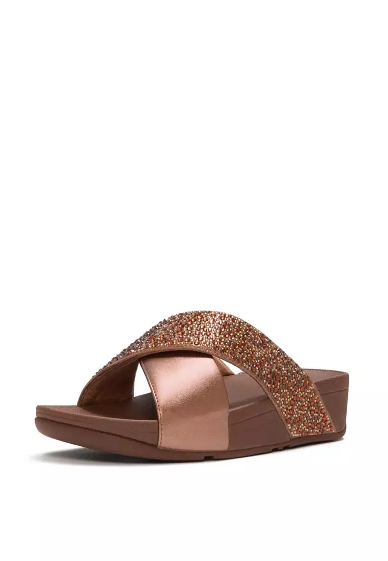 Buy FitFlop LULU Women's Crystal-Mix Metallic Cross Slides - Honey
