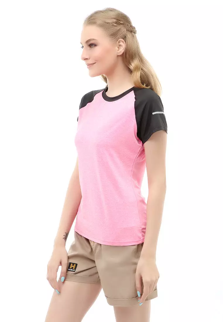Wish Kaos Sport Wanita Lengan Pendek Model Salur Material Polyester ORIGINAL - Pink