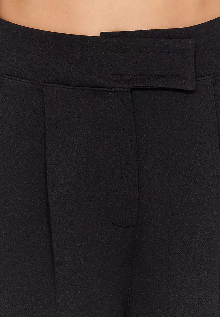 Black Hook And Loop Closure High Waist Pleated Wide Leg/Wide Cut Knitted Trousers Twoaw24Pl00177