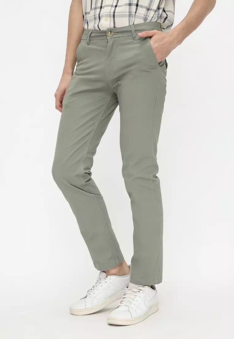 POLICE Celana Chino Panjang Sage Green Cotton Premium Stretch Slim Fit Pria