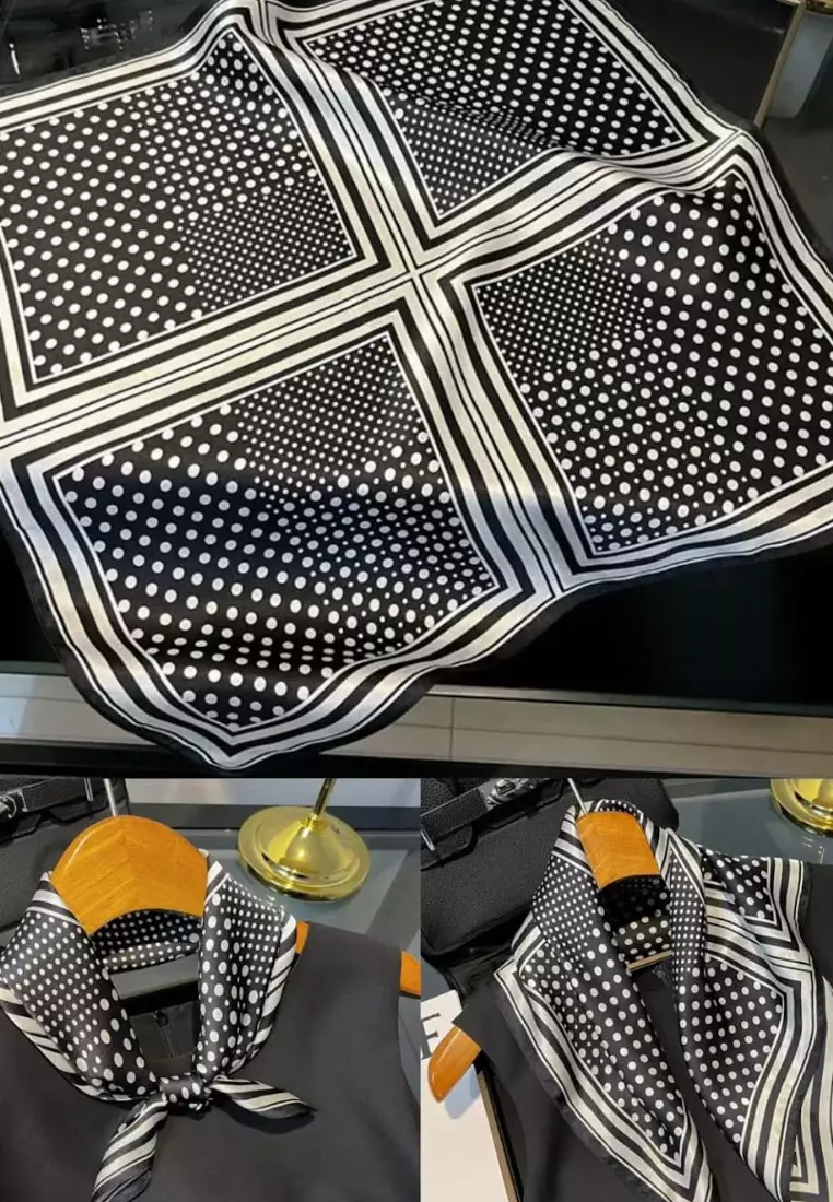 Aksesoris Scarf PolkaDots Multi Pattern Motif Silky Square Satin Scarf Segi Empat Ukuran Kecil Black & White