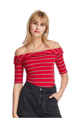 6IXTY8IGHT red Striped Ruffle Off Shoulder Crop Top TP08413 ED613AAC5B90D1GS_1