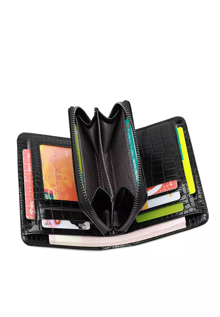 Women's Croc Wallet with Coin Compartment - Black