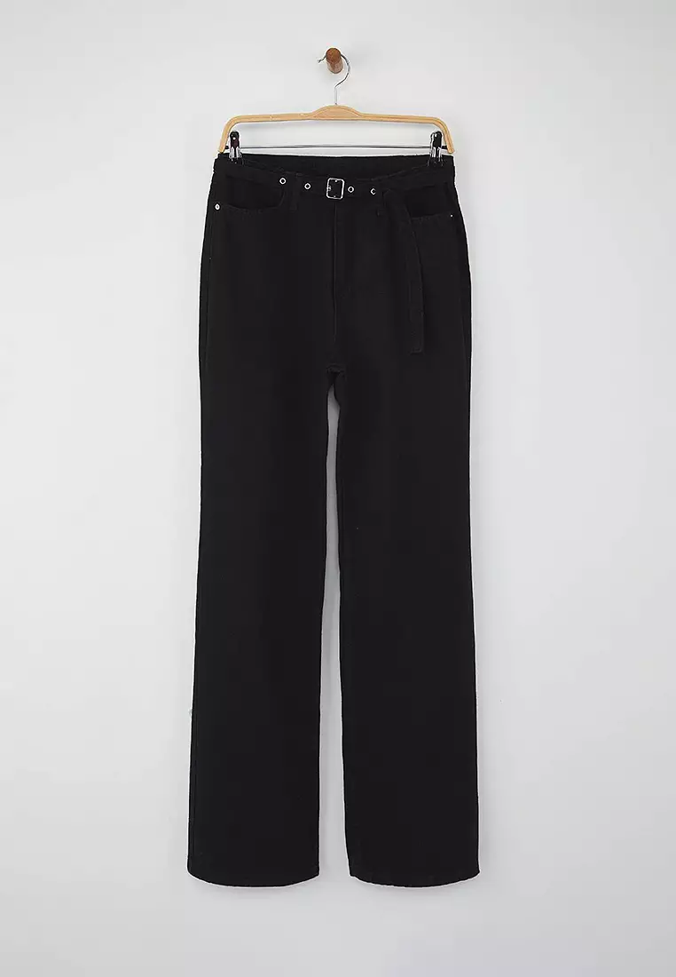 High Waist Eyelet Detail Belted Wide Leg Palazzo Jeans