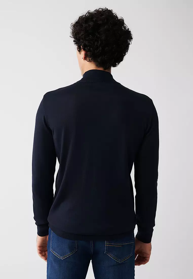 Men's Navy Blue Half Turtleneck Wool Blended Knitwear Sweater B 005015
