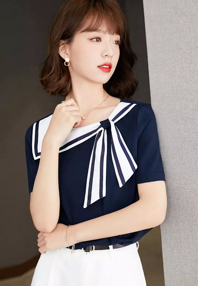 Western-Style Navy Blue Collar Loose Short-Sleeved Top A22022519BL