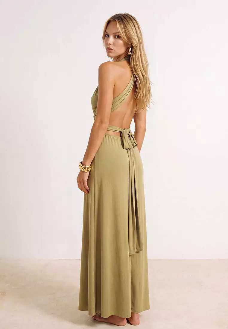 Light Khaki Knitted Maxi Beach Dress With Tie Detail Tbess21El2992