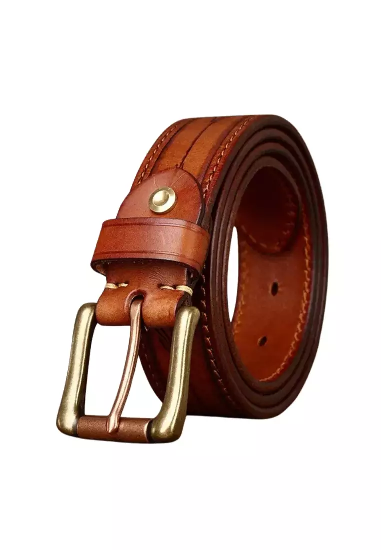 Embossed leather belt with copper buckle available on both sides