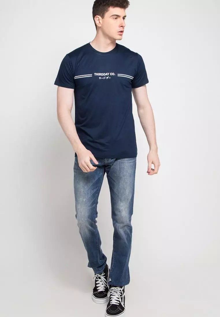 MTD51D double line thirddayco ktkn nv T-shirt Kaos pria Navy
