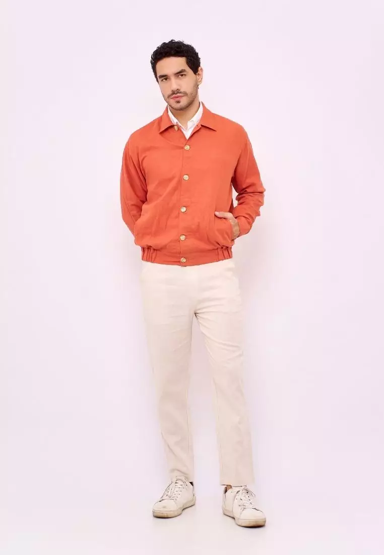 Aneto Jaket Bomber Pria Linen Warna Terracotta | Linen Bomber Jacket Men Terracotta