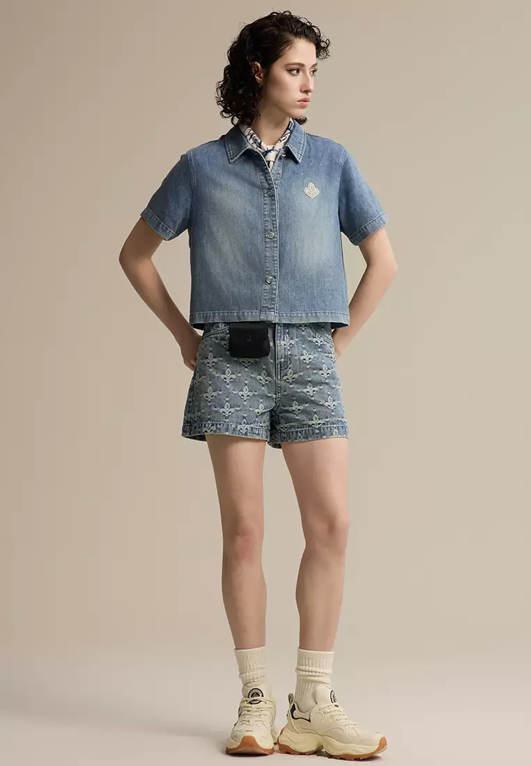 女裝刺繡鳶尾花 LOGO 短袖牛仔裇衫