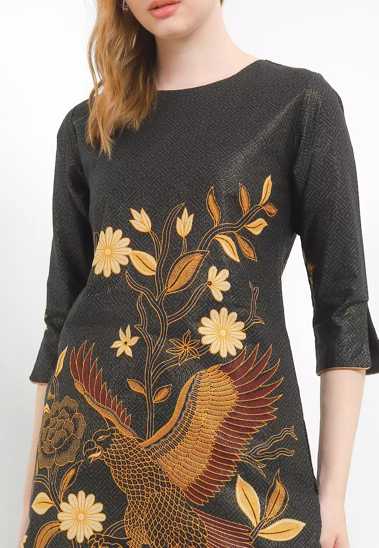 Dress Batik Tunik Wanita Furing Lining Ryzena Katun Prada Black Lengan 7/8