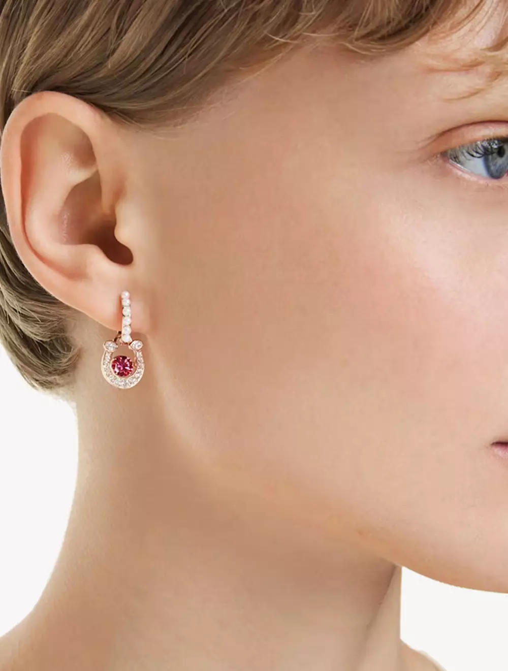 Symbolica drop earrings, Crystal pearl, Round cut, Pavé, Horse shoe, Red, Rose gold-tone plated