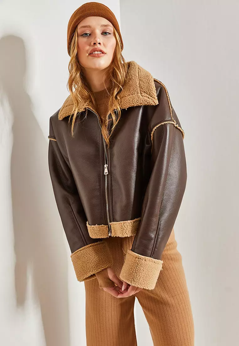 Buy Bianco Lucci Furry Leather Coat with Side Pockets 2026 Online