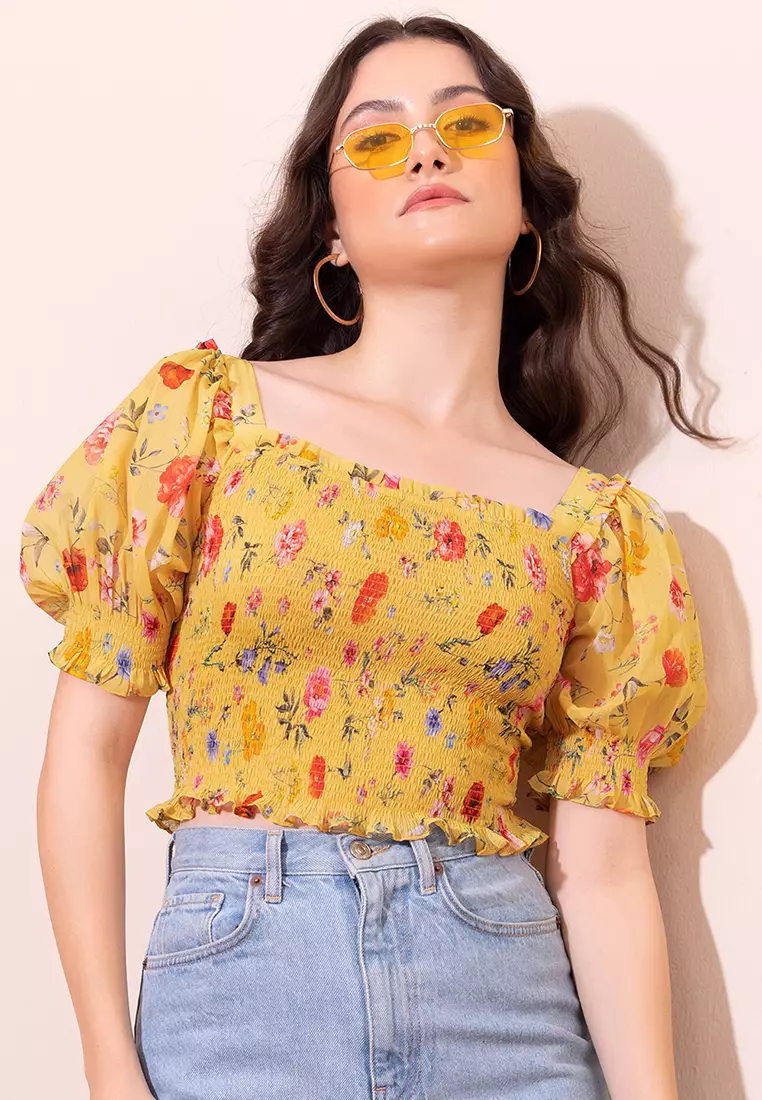 Yellow Floral Print Smocked Top