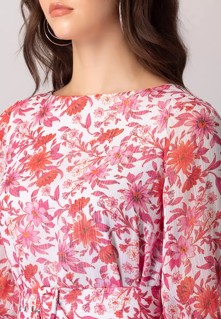 White Floral Print Shift Dress With Buckle Belt
