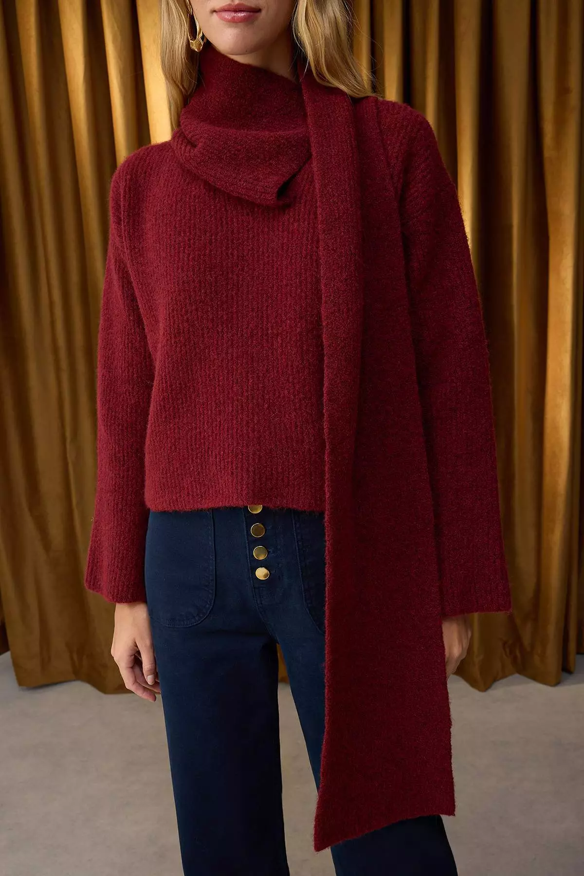 Burgundy Wool Blend Beard Yarn Shawl Collar Detailed Knitwear Sweater Twoaw26Kz00008