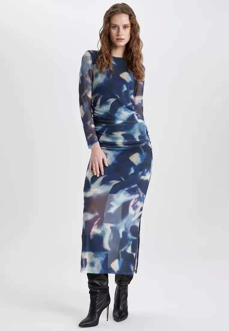 Printed Tulle Midi Dress