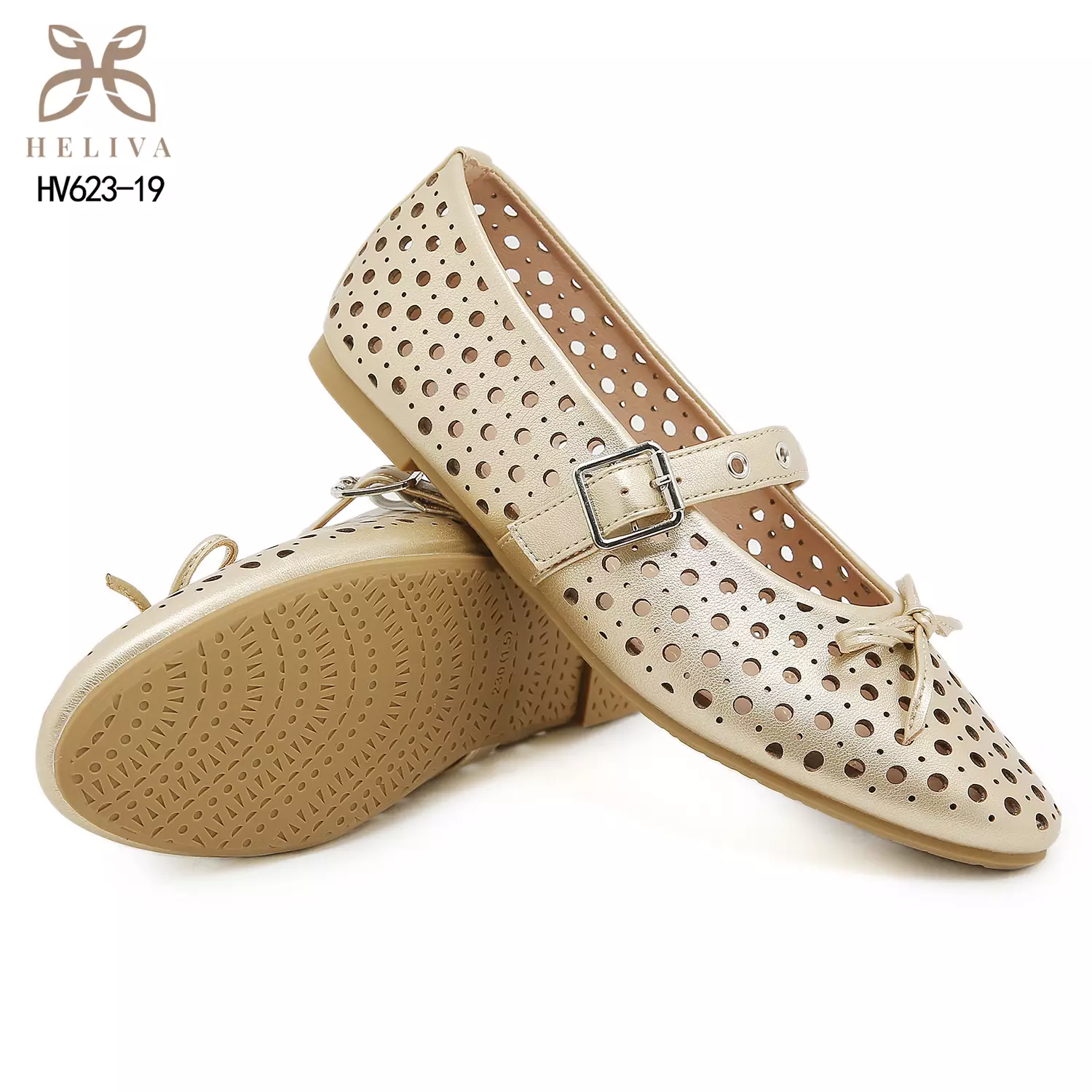 HELIVA SENIA Romantic Mary Jane Flats with Artistic Laser Pattern & Bow HV623-19