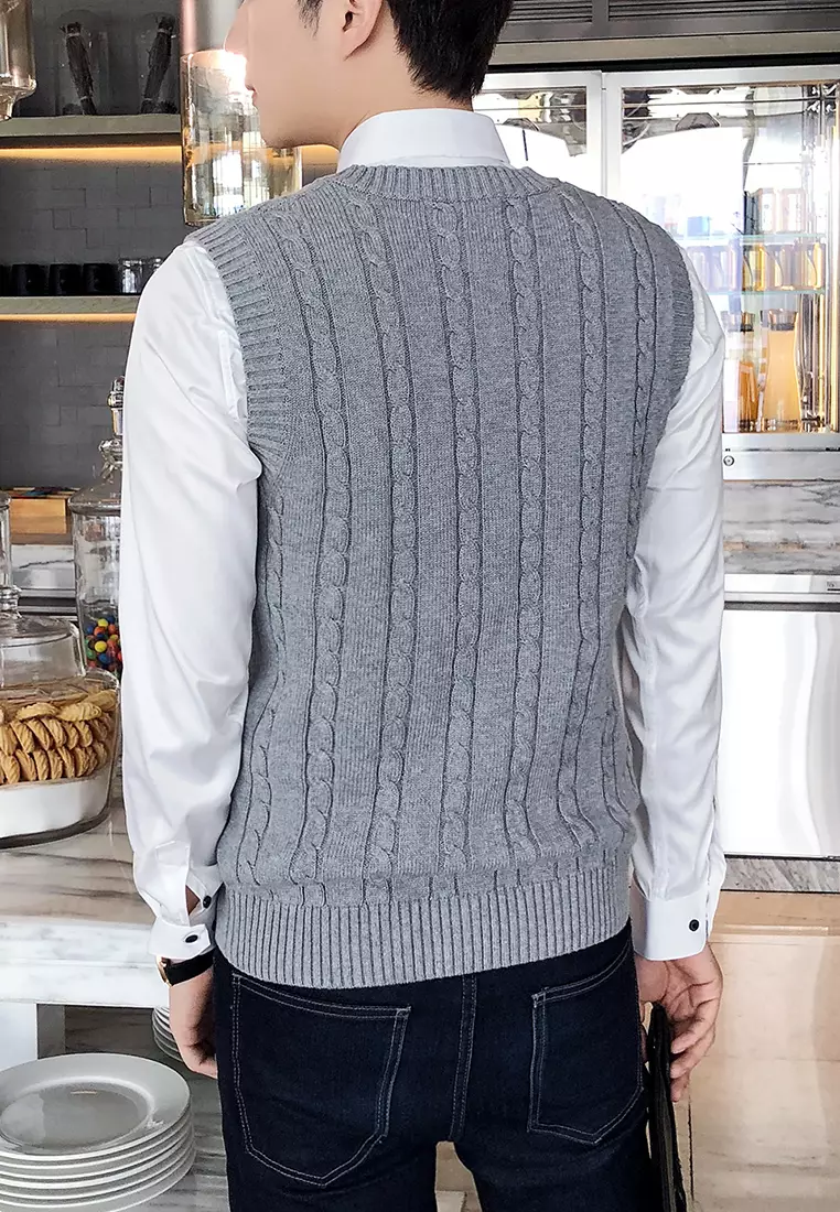 V-neck Jacquard Knitted Vest XH1823