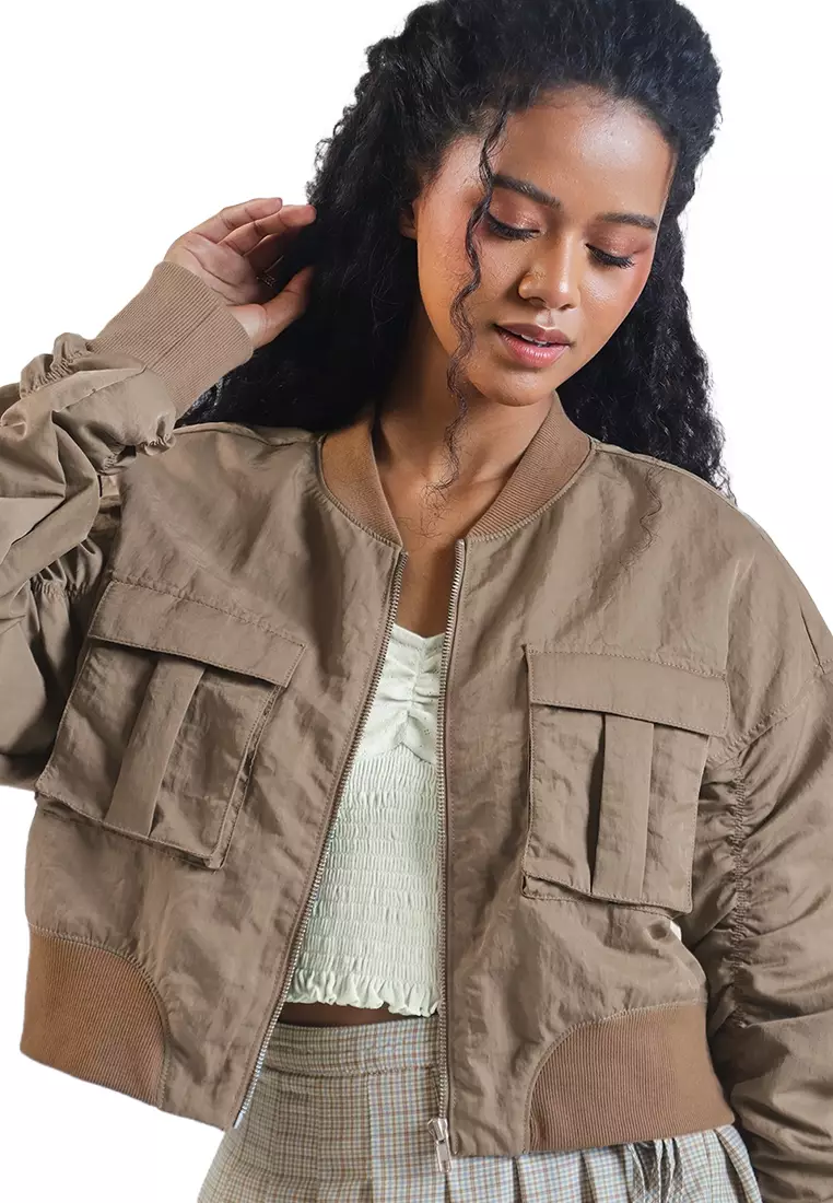Cropped Bomber Jacket with Ruched Sleeves