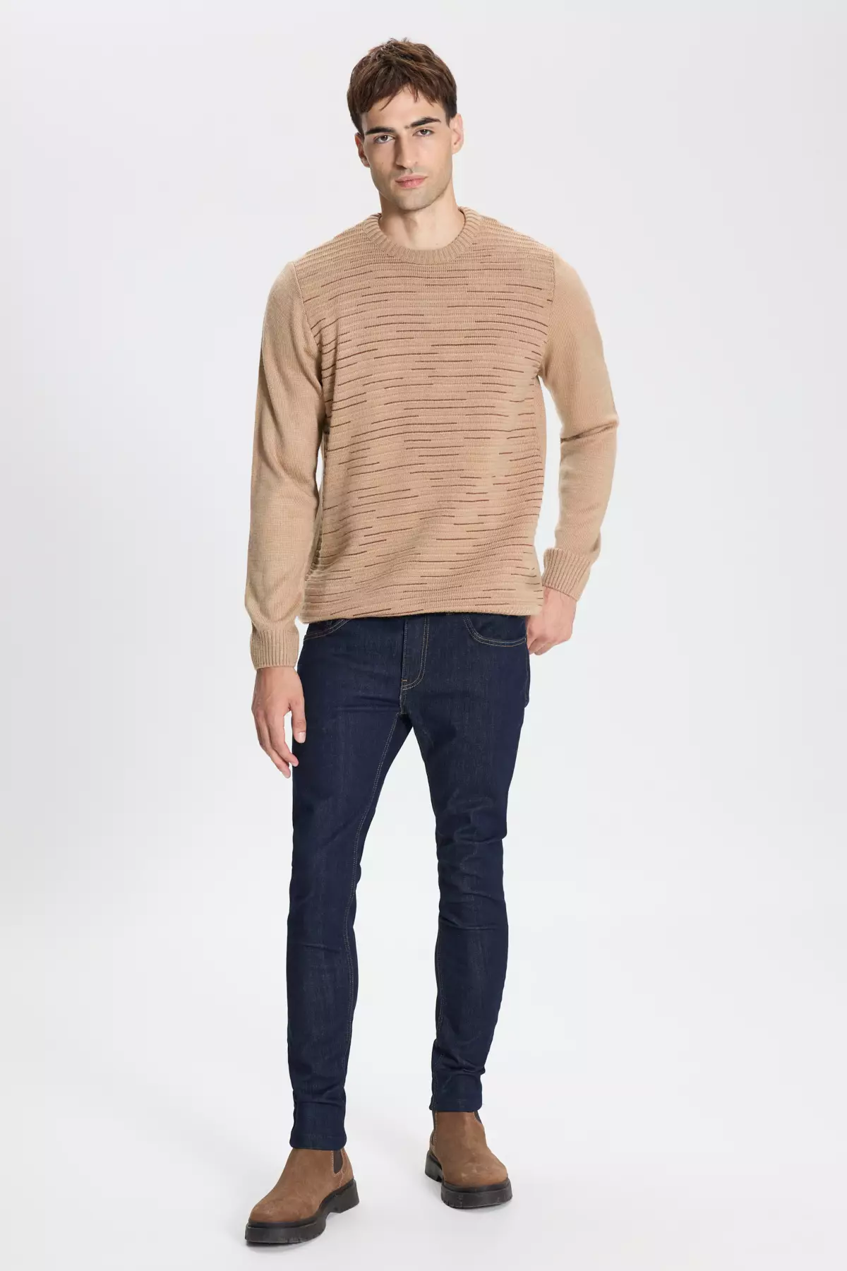 Crew Neck Patterned Knitted Sweater