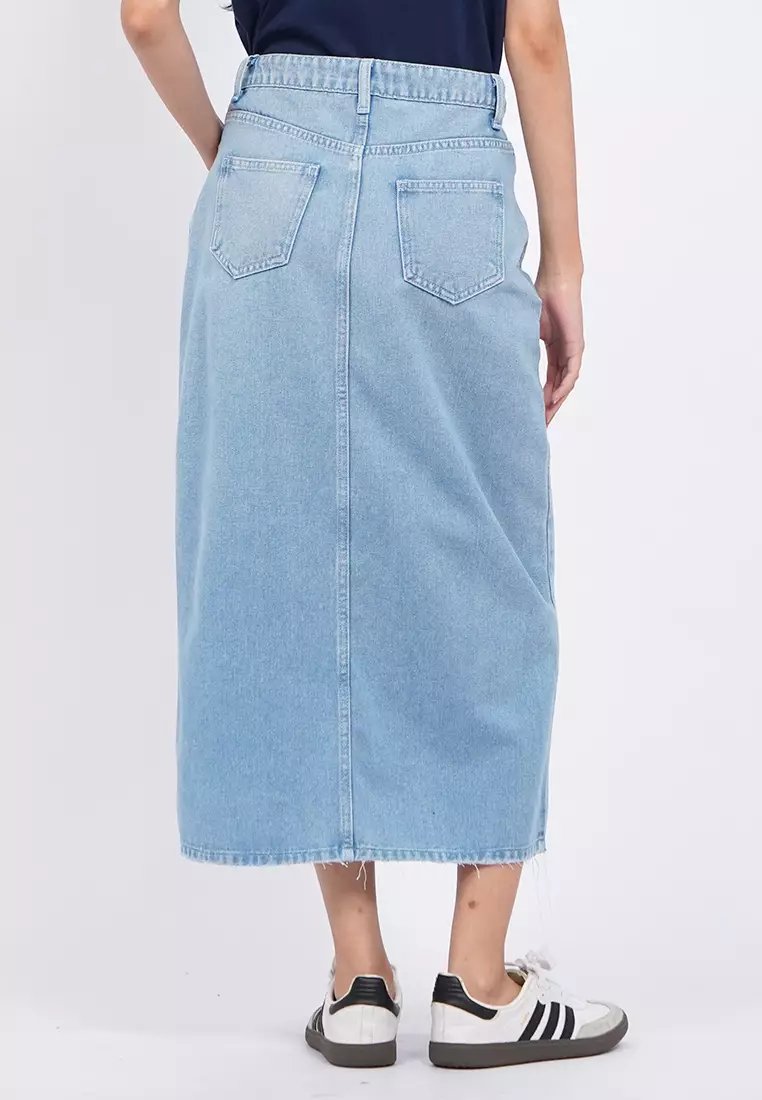 Front Slit Denim Midi Skirt