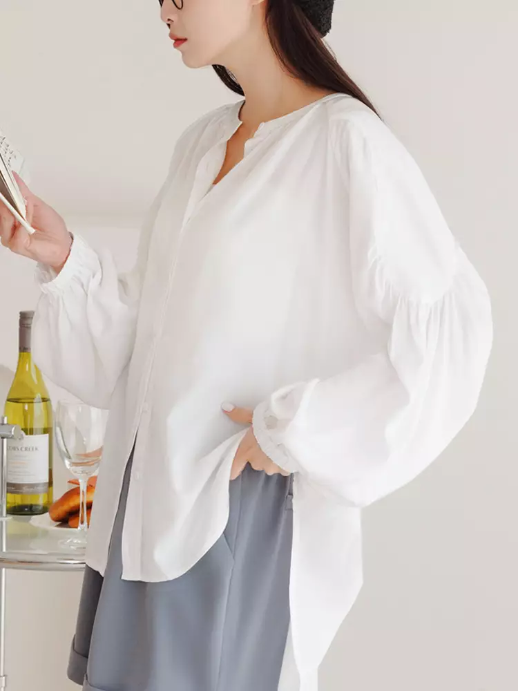 Drop Shoulder Ruched Puff Sleeve Open-Front Shirt [AB19026]