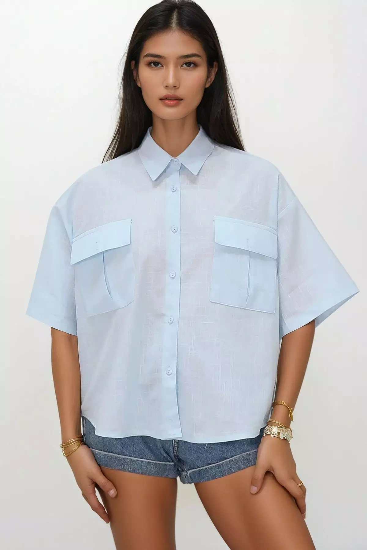 Women's Baby Blue Double Pocket Half Sleeve Linen Shirt Alc-X9991