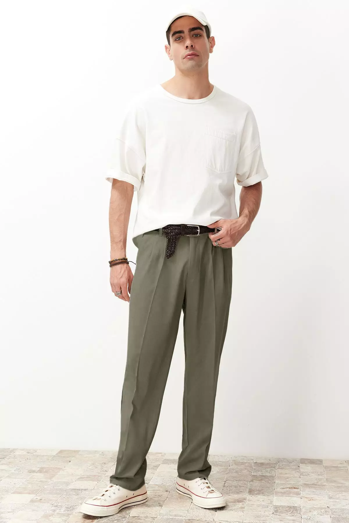 Khaki Pleated Classic Baggy Fit Fabric Trousers TMNSS24PL00024