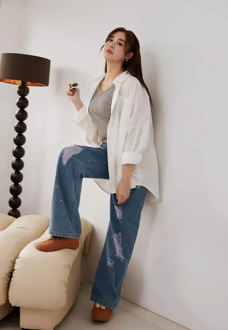 Contrast Splatter Paint Distressed Cotton Denim Jeans [BA7439]