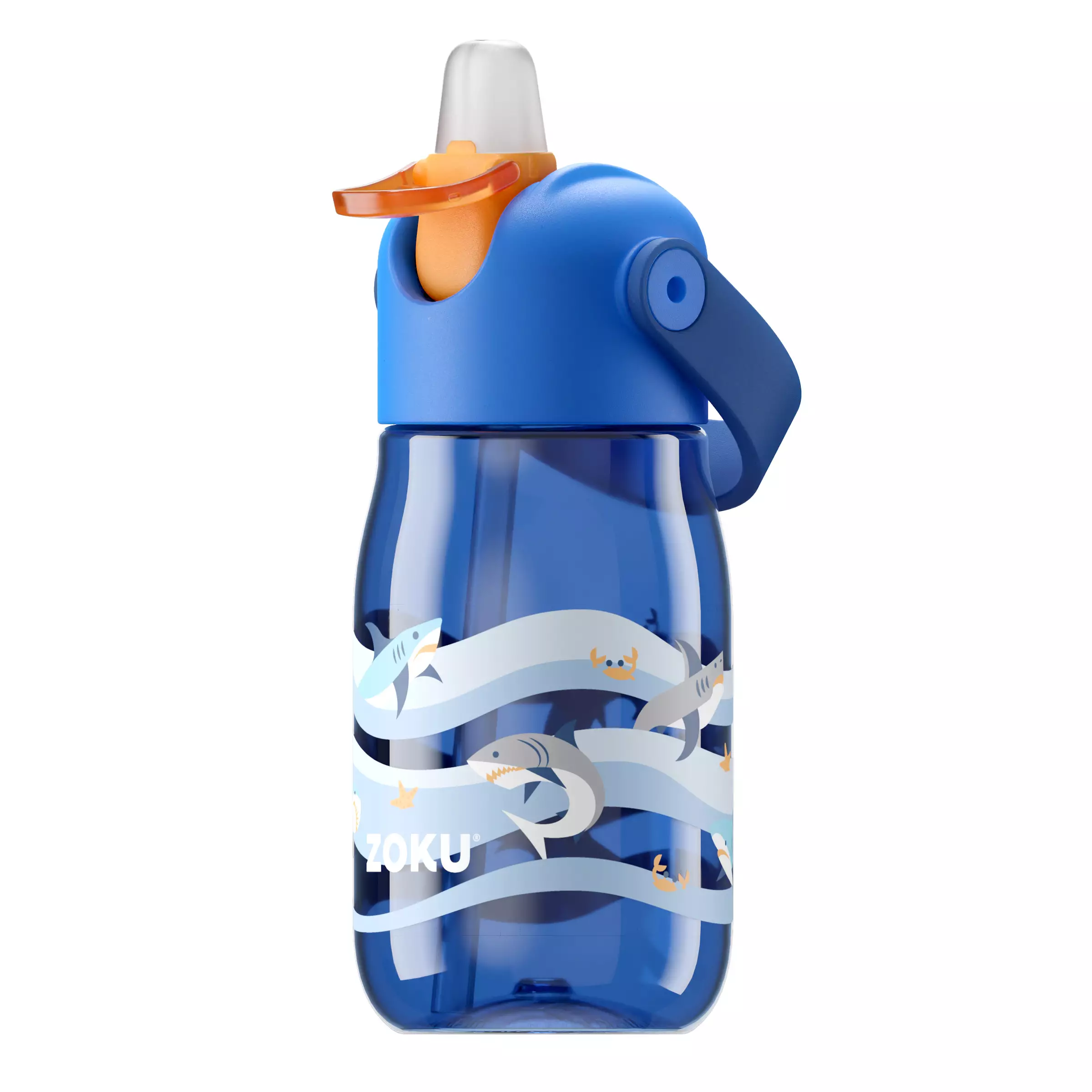 Zoku Blue Shark Kids Flip Straw Bottle - Botol Minum Anak, Botol Minum Sedotan, Botol Minum Anak anti tumpah