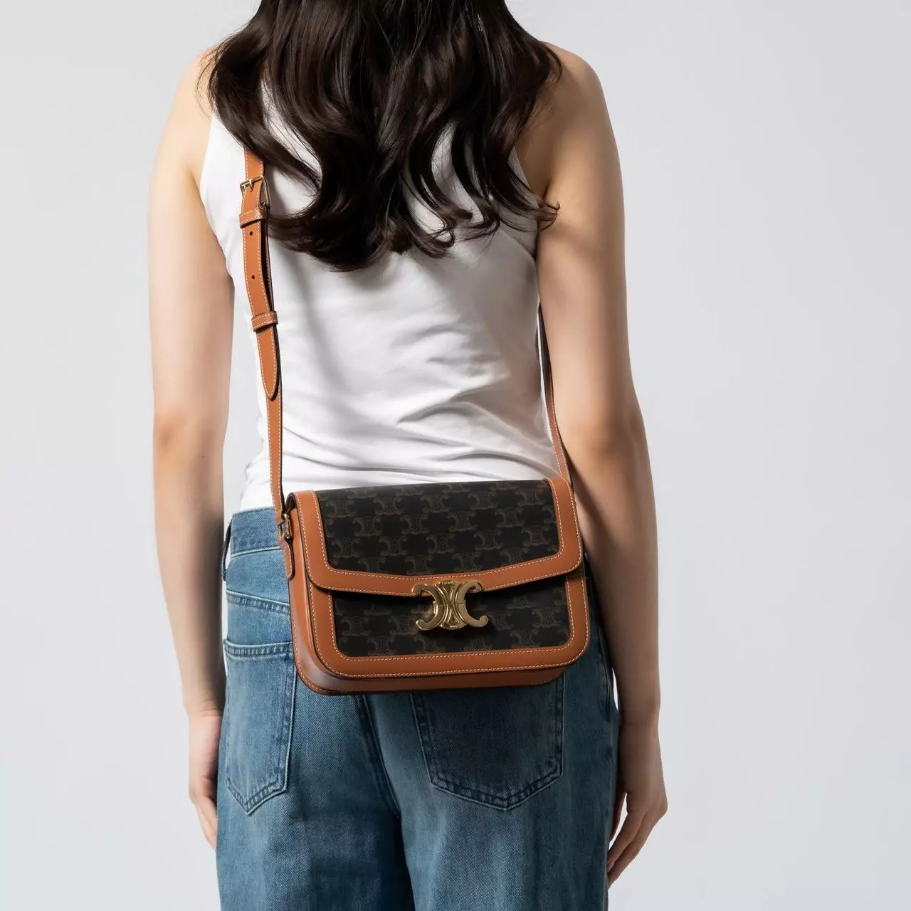 Triomphe Canvas and Calfskin Crossbody Bag Tan