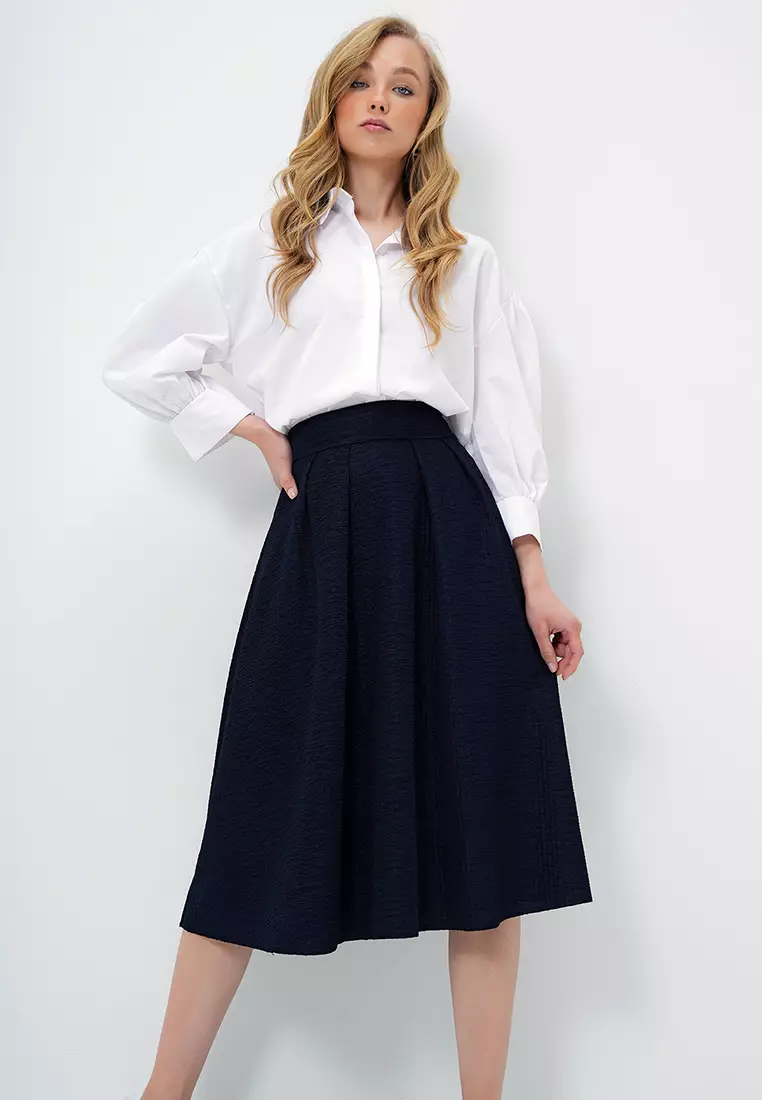Women's Navy Blue High Waist Wide Belt Hidden Zipper Midi Length Textured Skirt Alc-X13473