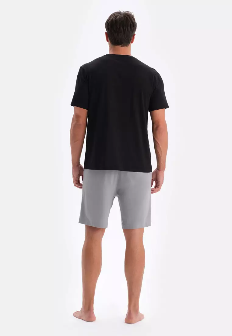 Black T-Shirt & Trousers & Shorts Knitwear Set, Crew Neck, Regular, Long Leg, Short Sleeve Sleepwear for Men
