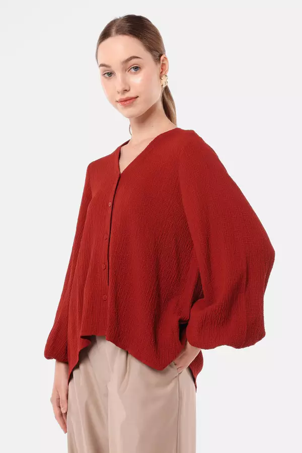 MINIMAL - Tricledot - Blouse V-Neck Lengan Balon - Red Colour Red