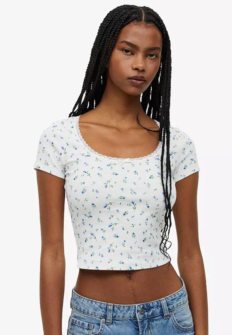 Buy H&M Lace-Trim Ribbed Cropped Top Online