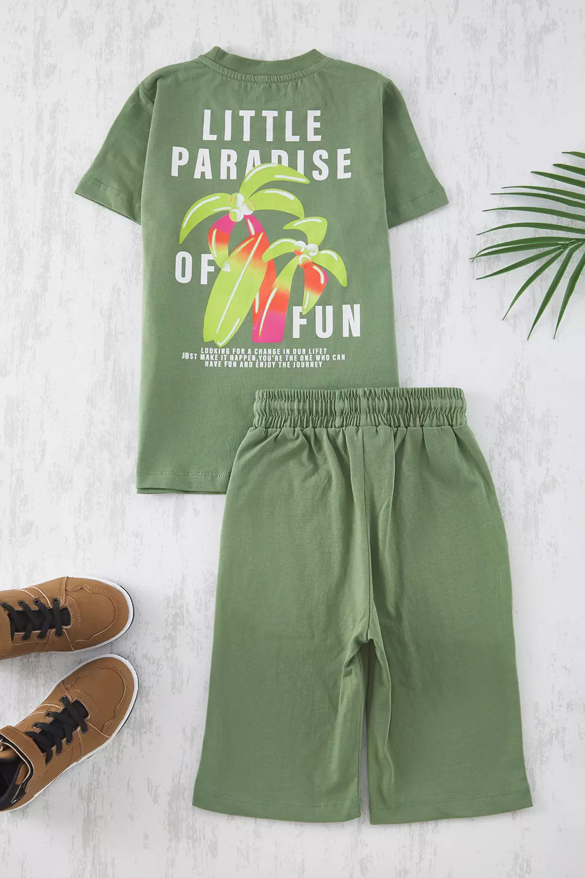 Khaki Boy's T-Shirt And Shorts Set - 100% Cotton, Tropic Print, Printed Knitted T-Shirt