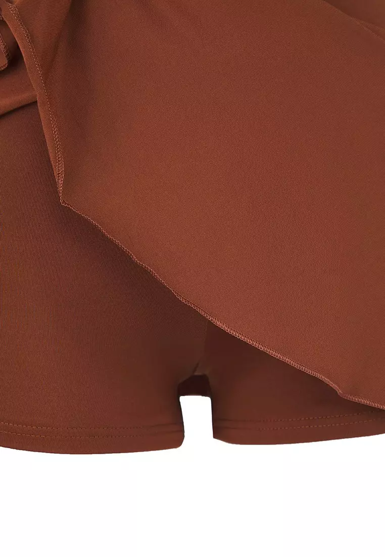 Brown One Shoulder Skirt Shorts Swimsuit