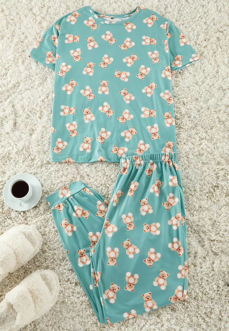 Plus Size Teddy Bear Printed Pyjama Set