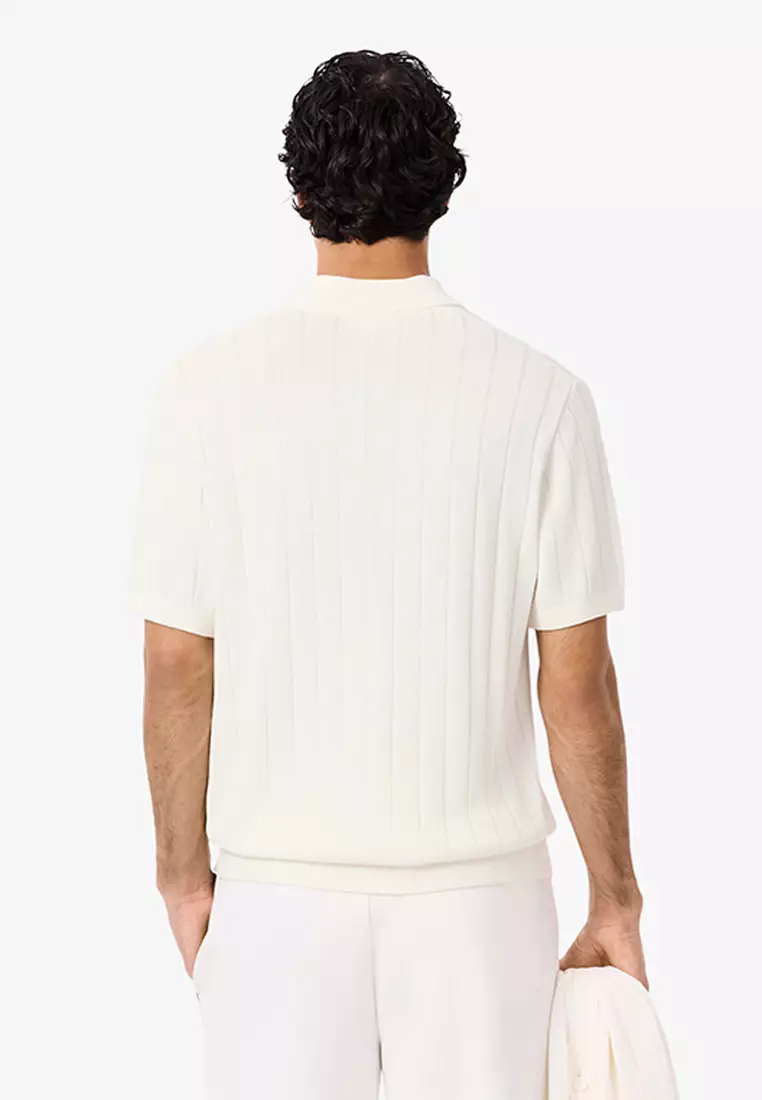 Fluid Ribbed Knit Polo Collar Sweater